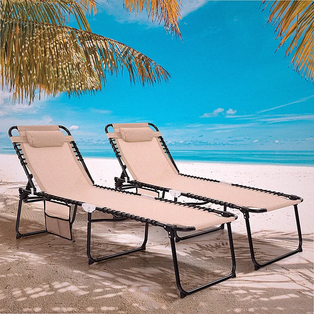 2 PCS Patio Folding Chaise Lounge Portable Lay Flat Reclining Chair w/ 4-Level