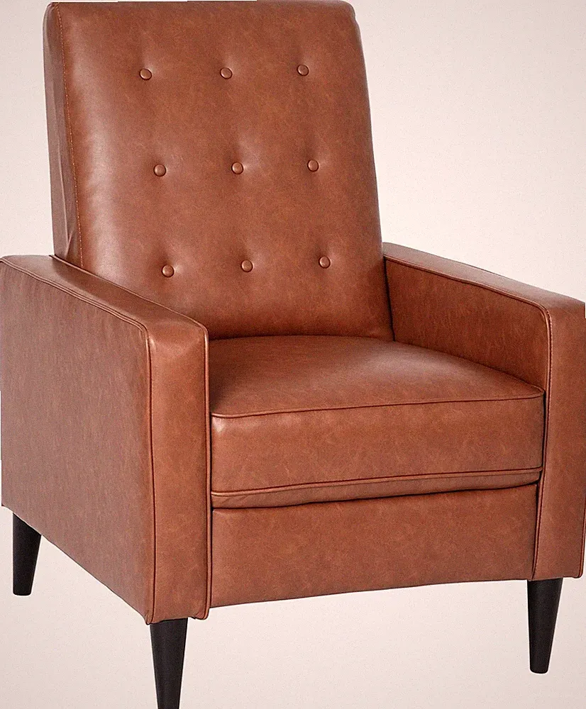 Cognac Brown Mid-Century Modern Pushback Recliner Chair by Erza Leathersoft
