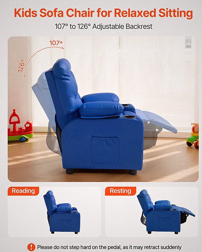 Kids Reclining Chair, Toddler Recliner with 2 Cup Holders and 4 Pockets, 107 to