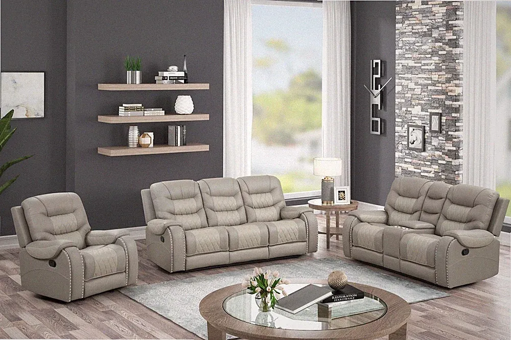 LUXURY Two-Tone 3PC Gray Beige Sofa Loveseat Chair Leather Living 5-Recliner Set