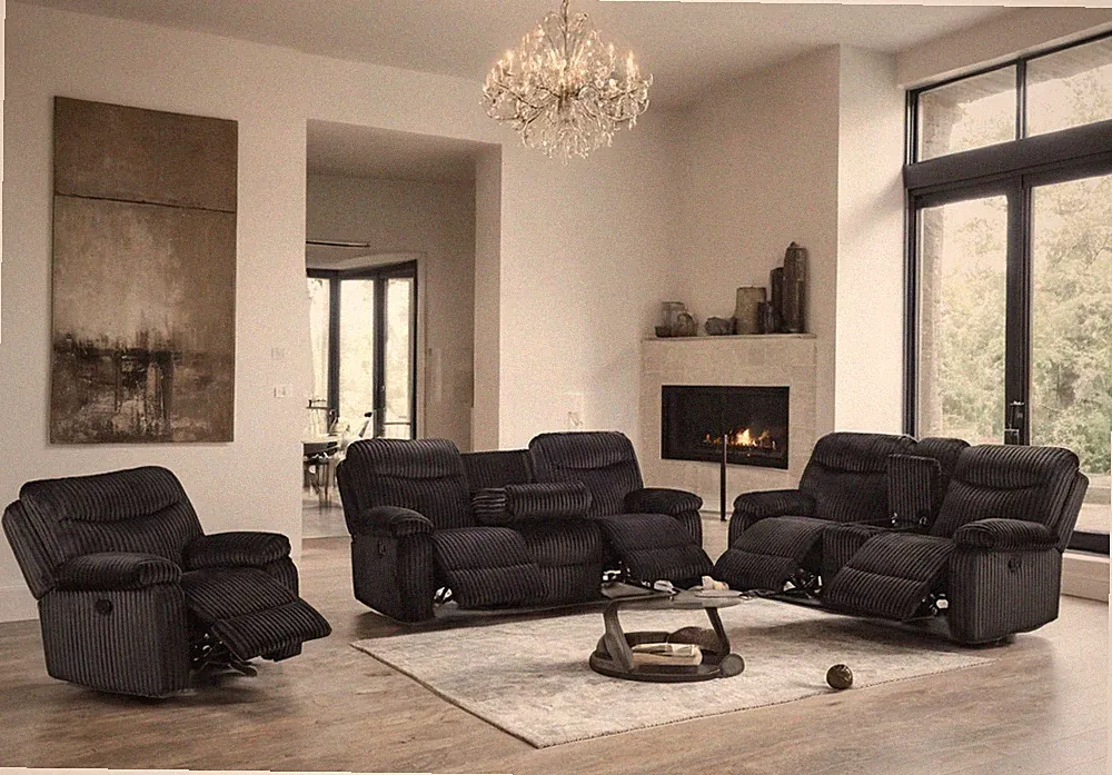 NEW Modern 3PC Sofa Loveseat Chair Plush Fabric Living Room 5-Recliner Set Black