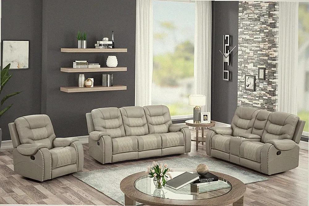 NEW Two-Tone 3PC Leather Gray Beige Sofa Loveseat Chair 5-Recliner Living Room