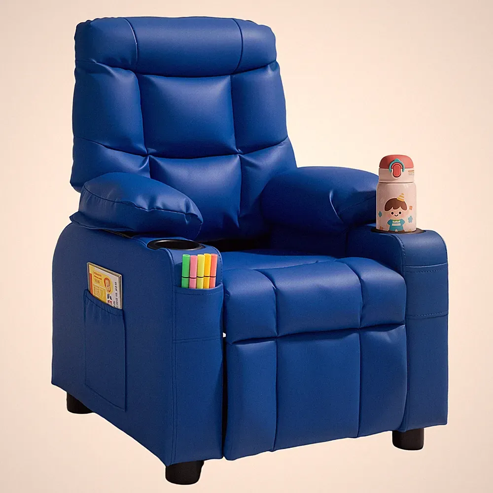 VEVOR Kids Reclining Chair PU Leather Toddler Recliner 2 Cup Holder & 4 Pocket